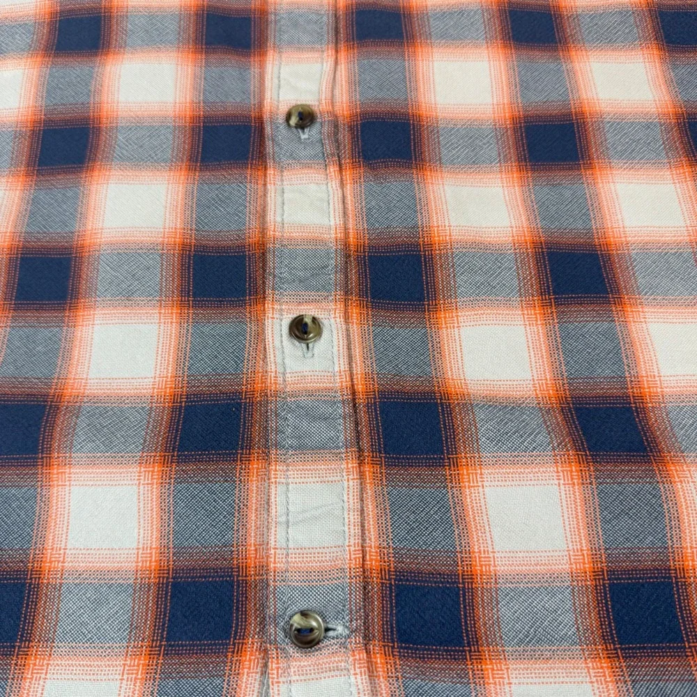 The North Face Mens XL Plaid Button Down Shirt Short Sleeve Orange Navy Blue